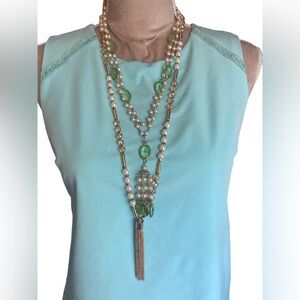 Vintage Necklaces Green Glass Beads & Faux Pearls